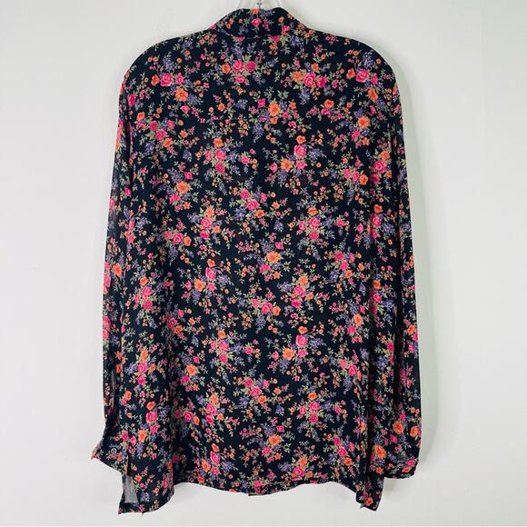 Vintage black pink orange floral chiffon button front blouse top large - Picture 6 of 6